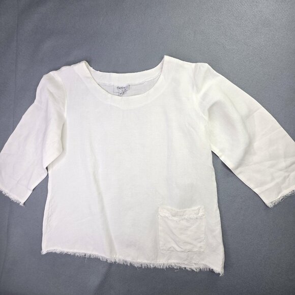 Toofan Linen Shirt Women M White Linen 3/4 Sleeve Raw Hem Pocket Boho Minimalist - Picture 1 of 10